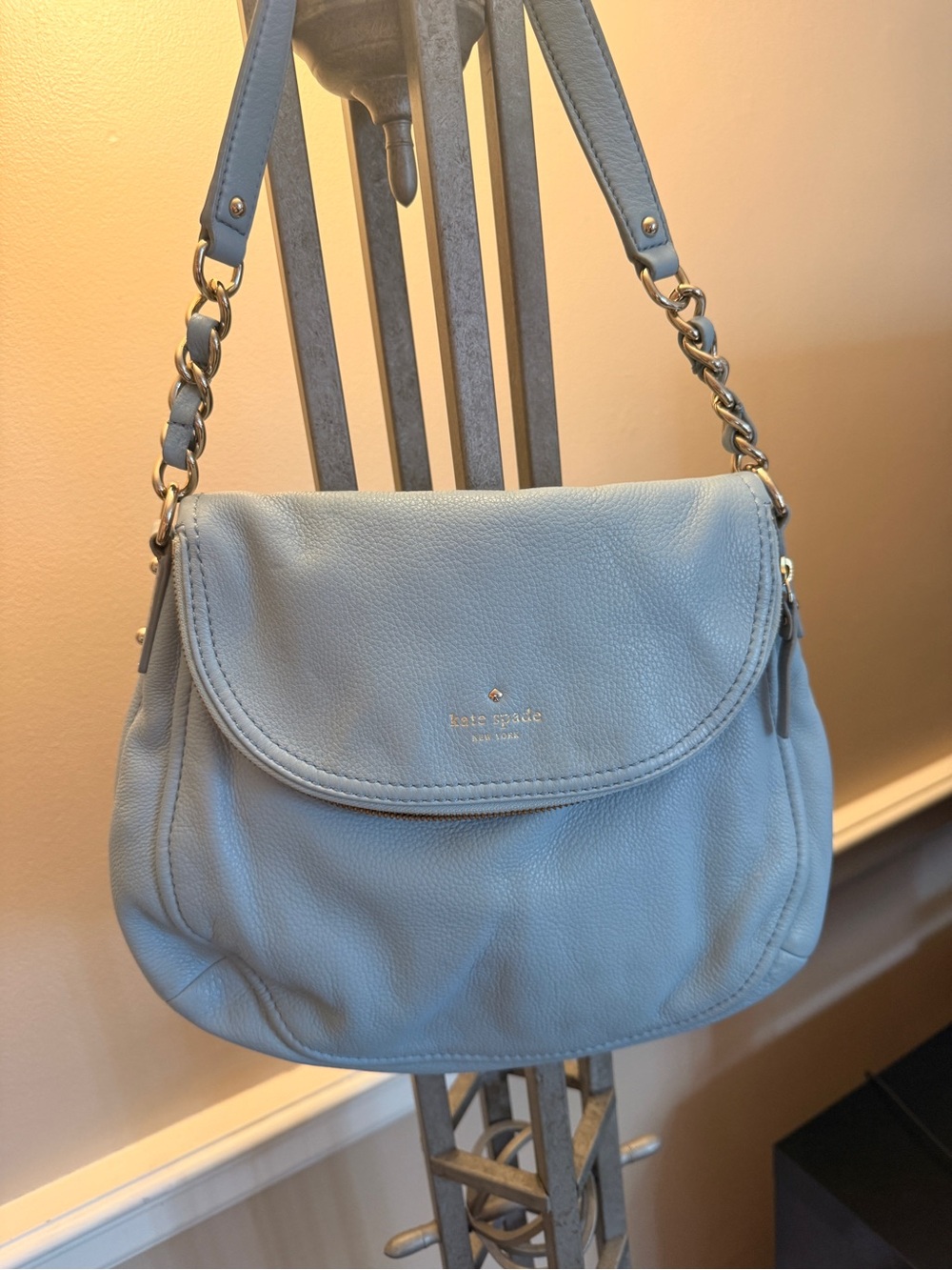 kate spade Light Blue Pebbled Leather Shoulder Bag with Chain Strap